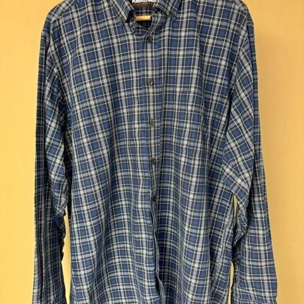 Kirkland Signature Men XL Non-Iron Dress Shirt Plaid Western Blue